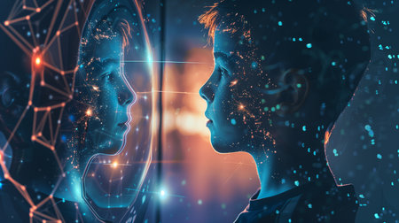 A child stands in front of a digital mirror, reflecting concepts of genetic modifications and youthの素材