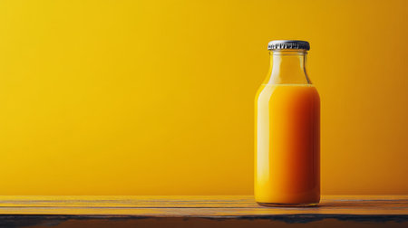 Freshly squeezed orange juice in a glass bottle on a wooden table with a vibrant yellow background. Generative AIの素材