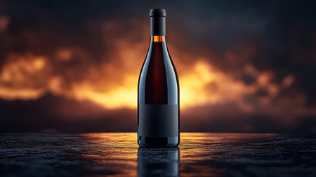 Elegant red wine bottle presented against a dramatic fiery background creating a captivating ambiance for wine enthusiasts. Generative AIの素材