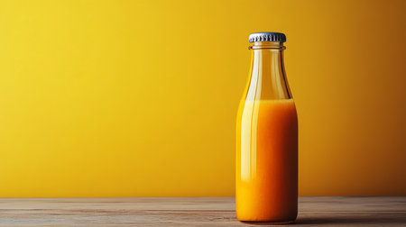 Refreshing orange juice in a clear bottle against a vibrant yellow background representing summer vibes. Generative AIの素材