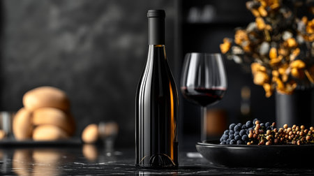 Elegant wine bottle and glass with fresh fruits and bakery items displayed on a marble countertop in a cozy setting. Generative AIの素材
