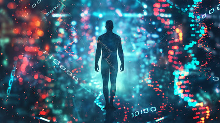A figure navigates a colorful digital landscape of genetic mods and AI for youth prolongationの素材