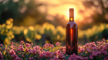 Sunset over a vineyard with a wine bottle and blooming flowers during evening hours. Generative AIの素材