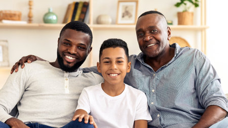 Three generations of family sharing a joyful moment in a cozy living roomの写真素材