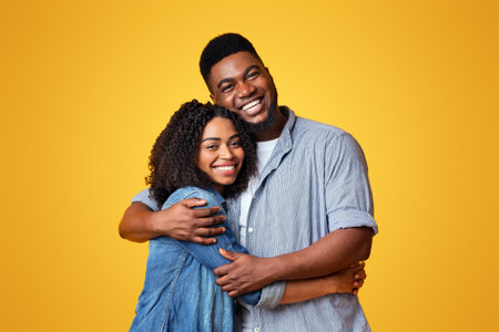 Young couple sharing a joyful moment against a bright yellow backgroundの写真素材