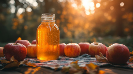 Refreshing apple cider in a glass jar surrounded by fresh apples during a sunset in an autumn setting. Generative AIの素材