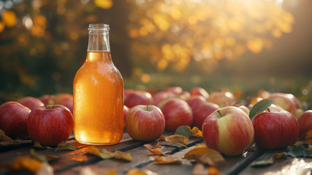 Fresh apple cider bottle surrounded by ripe apples in a sunlit autumn orchard setting with falling leaves. Generative AIの素材