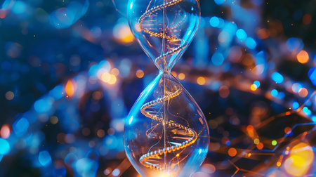 Advanced genetic mods are shown with an hourglass and DNA, emphasizing youth prolongationの素材