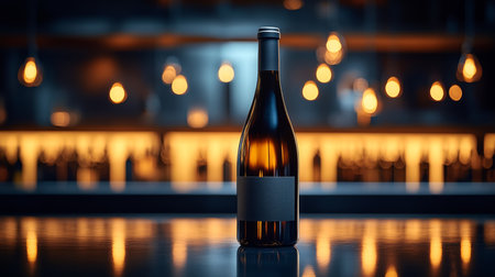 Elegant wine bottle displayed on a bar counter with ambient lighting and blurred background featuring hanging bulbs. Generative AIの素材