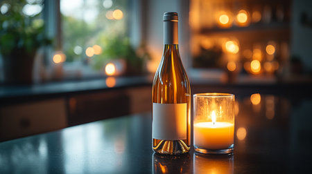 Candlelit dinner setting with a wine bottle and glowing candle in a cozy kitchen atmosphere in the evening. Generative AIの素材