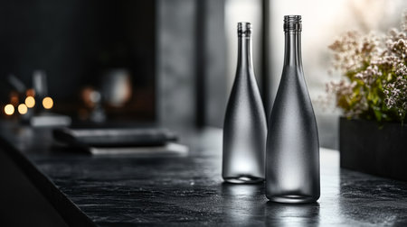 Modern glass bottles on a dark countertop with soft lighting and floral decoration in a stylish indoor setting. Generative AIの素材