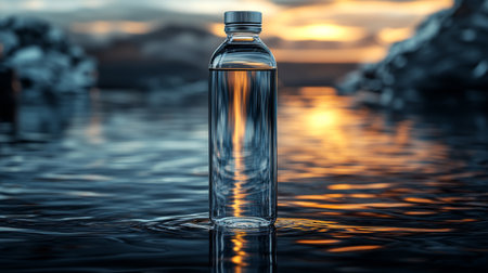 Clear water bottle stands upright on calm water reflecting a vibrant sunset near rocky shoreline during evening hours. Generative AIの素材