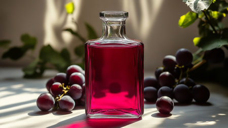 Bright red liquid in a glass bottle surrounded by fresh dark grapes in natural light. Generative AIの素材