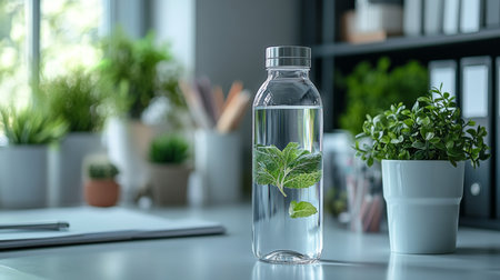 Infused water in a clear bottle with mint leaves on a desk surrounded by houseplants in a bright workspace. Generative AIの素材