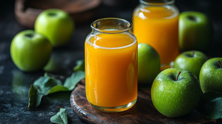 Freshly squeezed juice made from bright green apples on a rustic wooden surface. Generative AIの素材