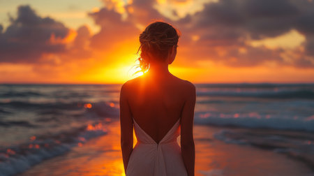 Woman in white dress gazes at vibrant sunset over ocean waves in warm evening glow Generative AIの素材