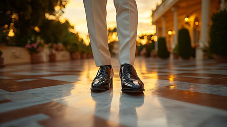 Elegant shoes on a glossy floor during a sunset event at a luxurious venue in warm evening light Generative AIの素材