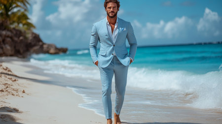 Stylish man walks along a tropical beach in a light blue suit enjoying the sunny weather and ocean breeze Generative AIの素材