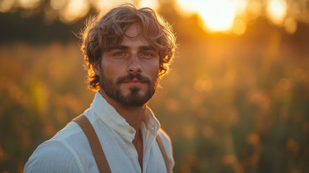 Man with wavy hair and suspenders stands in a golden field during sunset surrounded by soft sunlight and nature Generative AIの素材