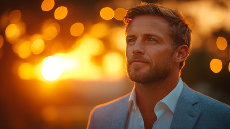 Man enjoys sunset with warm glow illuminating his thoughtful expression in a serene outdoor setting Generative AIの素材