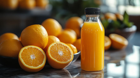 Freshly squeezed orange juice beside whole and halved oranges on a kitchen countertop during daylight. Generative AIの素材
