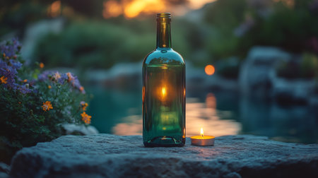Green glass bottle and candle glowing softly by a tranquil poolside at sunset surrounded by flowers. Generative AIの素材