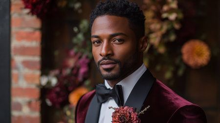 Stylish groom poses in velvet suit with floral boutonniere at a vintage-inspired wedding venue Generative AIの素材