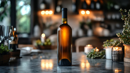Elegant wine bottle displayed on a marble table with warm lighting in a stylish restaurant setting. Generative AIの素材