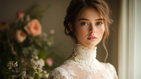 Young woman in elegant bridal gown poses near window with soft natural light and floral arrangement Generative AIの素材