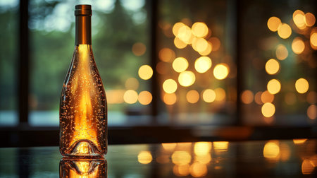 Soft golden light emanates from a bottle amidst a backdrop of blurred glowing orbs in a modern indoor setting. Generative AIの素材