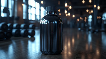 Gym water bottle stands prominently on wooden floor with weights in background during fitness training session. Generative AIの素材