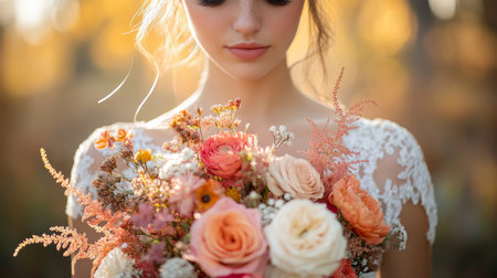 Beautiful woman holding a bouquet of pastel flowers in a serene outdoor setting during golden hour light Generative AIの素材