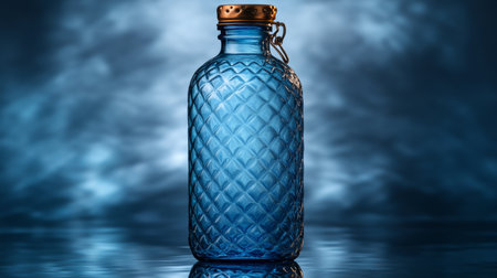 Clear blue glass bottle with intricate design on reflective surface against a misty blue background. Generative AIの素材