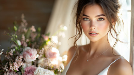 Beautiful young bride holding bouquet of pastel flowers in sunlight by the window, radiant and serene on her wedding day Generative AIの素材