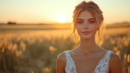 Beautiful bride standing in golden wheat field during sunset with glowing lights and soft breeze enhancing the serene atmosphere Generative AIの素材