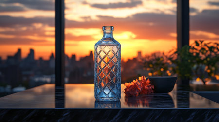Elegant glass bottle on a marble table with a stunning sunset view over the city skyline in the background. Generative AIの素材