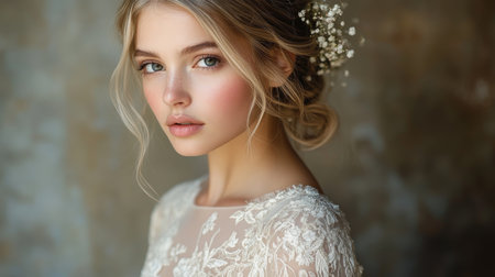 Portrait of a beautiful bride with delicate features and floral accents in a soft, romantic light Generative AIの素材