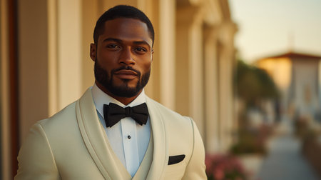 Elegant man in a stylish tuxedo posing confidently in a luxurious outdoor setting during golden hour Generative AIの素材