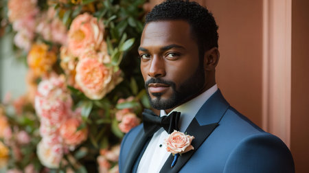 Elegant gentleman in formal attire poses amidst a backdrop of blooming roses at a luxurious venue Generative AIの素材