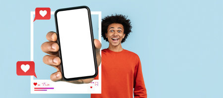 Excited influencer showcases smartphone with social media interactions
