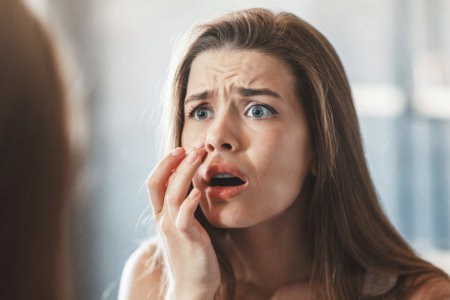Shocked woman touching acne on her cheek while looking in mirror at homeの写真素材