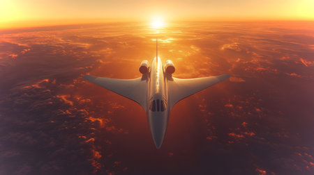Innovative Airlaunch Spaceplane in Flight During Sunrise Above the Clouds Showcasing Advanced Propulsion and Hypersonic Capabilities Generative AIの素材