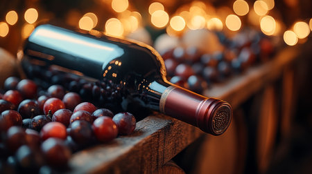 Close-up of a red wine bottle resting on a wooden table surrounded by grapes and twinkling lights in a cozy setting. Generative AIの素材