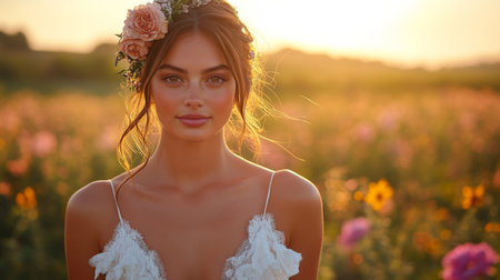Beautiful woman with floral crown in a sunlit field at golden hour celebrating natures beauty Generative AIの素材