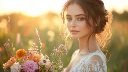 Radiant woman in a floral gown holding a bouquet in a sunlit field during golden hour Generative AIの素材