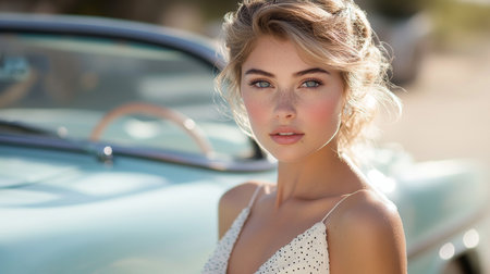 Young woman poses near vintage car in sunlit outdoor setting during daytime Generative AIの素材