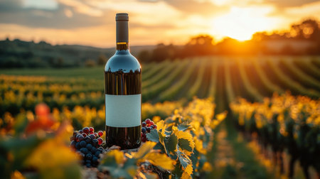 Sunset over vineyard with wine bottle and grapes highlighting a tranquil evening in the wine country. Generative AIの素材