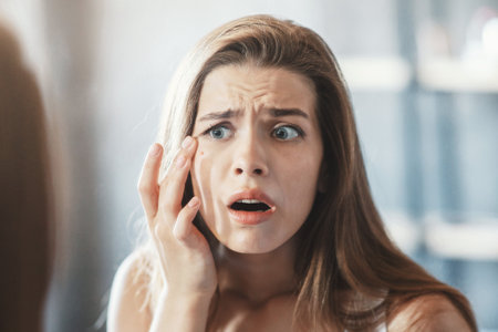 Terrified young girl touching her cheek with pimple near mirror in bathroomの写真素材