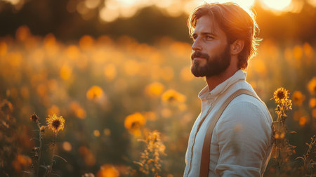 Sunset moment in a sunflower field with a contemplative man enjoying natures beauty Generative AIの素材