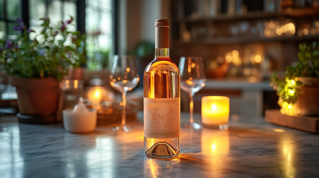 Elegant wine bottle displayed on a stylish table surrounded by glasses and candles in a cozy setting. Generative AIの素材
